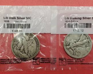 2 Walking Liberty Half Dollars--1934-D, Fine & 1935 VG