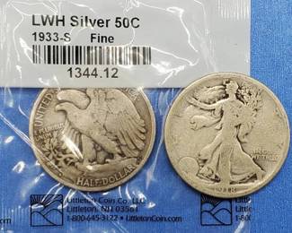 2 Walking Liberty Half Dollars--1933-S, Fine in Sealed Littleton Pkg & 1918