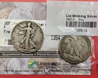 2 Walking Liberty Half Dollars--1937 & 1937-D, Fine
