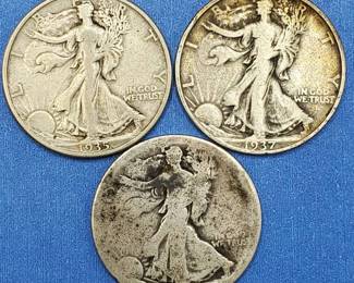 3 Walking Liberty Half Dollars--1935-D, 1937-S & Date ending in "9" - Could be 1919-D(?)