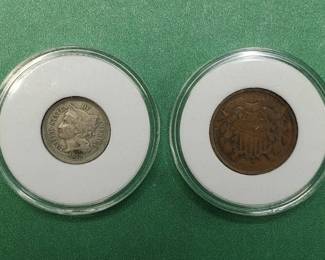 1869 Nickel 3-Cent Piece (Nice) & 1868 2-Cent Coin (Fair)