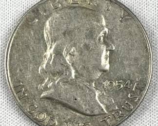 1954-D Franklin Silver Half Dollar, US 50c Coin