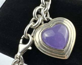 925 Silver Rolo Purple Quartz Heart Bracelet