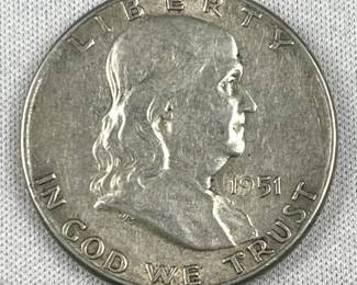 1951 Franklin Silver Half Dollar, US 50c Coin
