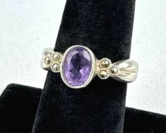 925 Silver Amethyst and Marcasite Ring