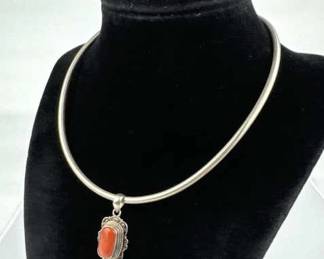 925 Silver Coral Pendant on a Collar Necklace