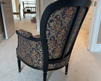 Vintage Black/Gold painted armchair with floral upholstery; Louis XVI style