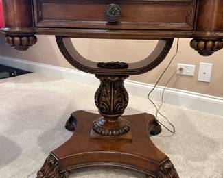 Carved mahogany side table with drawer by Pulaski furniture