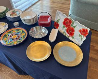 Maxcera 'red poppy' ceramic platter, white majolica art pottery bowls made in Italy; crate & barrel