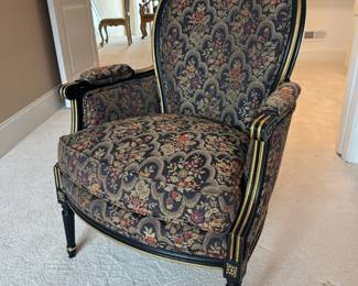 Vintage Black/Gold painted armchair with floral upholstery; Louis XVI style