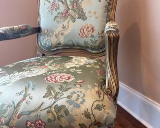 Antique Louis XVI style carved wood armchair; green silk floral upholstered