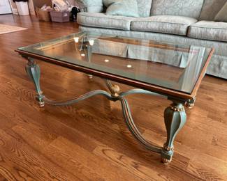 Antique Glass top carved wood coffee table