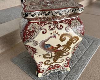 Chinese scroll accented Garden stool, peacock design