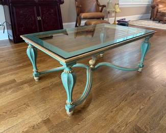 Antique Glass top carved wood coffee table