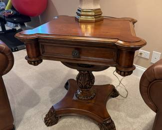 Carved mahogany side table with drawer by Pulaski furniture