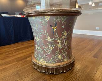 Lillian August Table adorned with flowers and birds with octagonal tempered glass top; 55.25" x 30" h