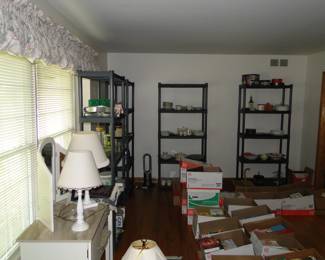 Boxes of books, shelving units as well.