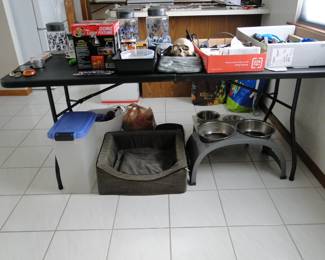 Pet food containers, pet bed, and bowls