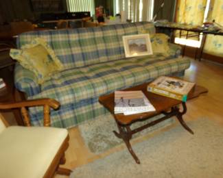 Sofa - Cushions - Hard Wood Antique Coffee Table and Rugs