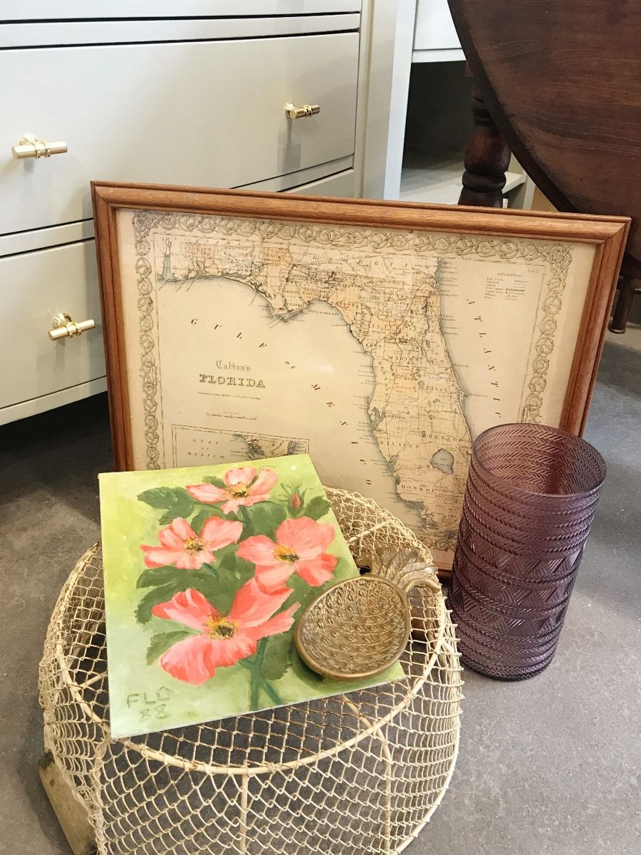 Pre-sale now open! call or message with any questions. Color dot discount days Fri, Sat, & Sun!!  Old Florida map, original flower painting, metal farmhouse basket, brass pineapple, decor