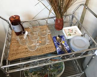 bar cart, coffee mugs, buffalo ware plates, 