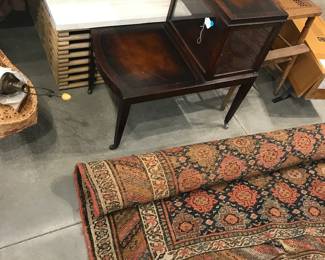 antique rug, antique glass display cabinet table