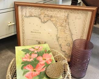 Pre-sale now open! call or message with any questions. Color dot discount days Fri, Sat, & Sun!!  Old Florida map, original flower painting, metal farmhouse basket, brass pineapple, decor