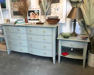 beautiful dresser and nightstand, metal table lamp,