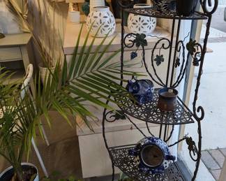 metal corner garden shelf, blue and white pottery pots