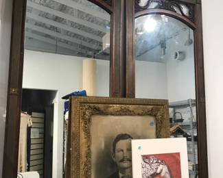 antique photograph, mahogany and brass mirrors, crystal stemware