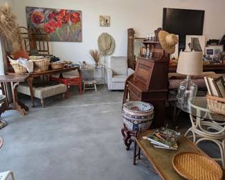 antique secretary desk, large Asian planter pot, lamp, antique wood table, 