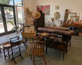furniture, accent tables, dining table, spindle back chair, antique sewing caddy, brass top coffee table