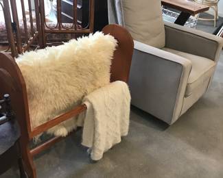blanket stand, sheepskin rug, rocking swivel chair
