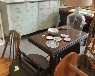 painted green/gray dresser with matching night stand, antique table and chair, lamp, artwork
