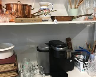 kitchenware, copper pots and pans, keruig coffee maker, glassware