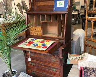 antique drop front secretary desk cabinet, restoration hardware tufted ottoman