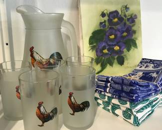 rooster glass pitcher and drinking glasses, original flower painting, cloth napkins