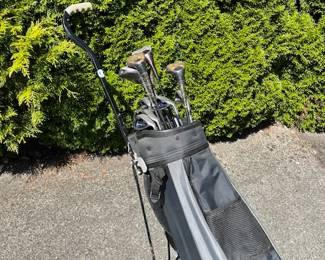 Golf clubs, bags, pull cart to help improve your game.