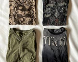 Assortment of Affliction t-shirts in all sizes.
