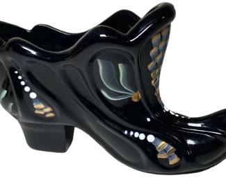 Fenton HandPainted Black Glass Shoe