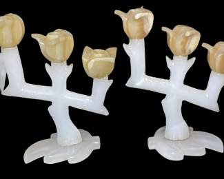 Vintage Carved Alabaster Candelabras