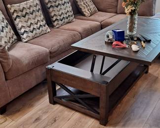 Large Sectional Sofa with Decorator Pillows; Lift Up To Table Height Coffee Table 