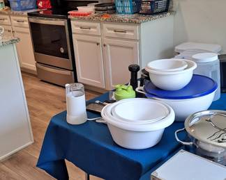 Assorted Kitchen Equipment; Cook Books; Bake Wear; Bowls; Plastic Storage Ware; Keurig Coffee Maker; Choppers, and much more