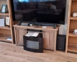 Oversized Digital TV; TV cabinet with electric fire place insert like new; Book Shelves