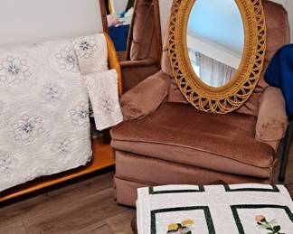 Oval Wall Mirror; Upholstered Lazy Boy Swivel Rocker Chair; Hassock; Handmade Quilted Coverlet for Bed; Lap Blanket