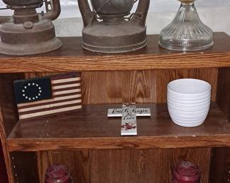 Wood book shelf; Antique Oil Lanterns
