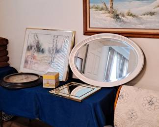 Assorted Wall Decor including Mirrors, Prints, & Oils, and Clocks