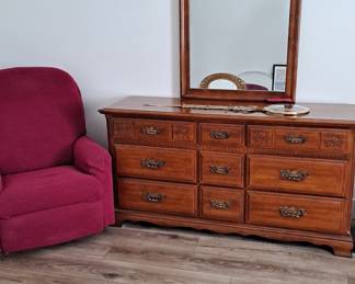 Recliner with Red Cover; Long Dresser with Mirror