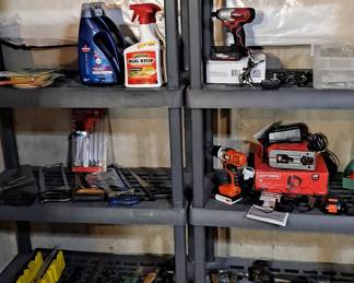 Craftsmen Electric Drill; Hammers; Saws; Miters; Misc. Supplies; Hatchets, Small Hand Tools; Several Wood and Plastic Shelf Units; Power Saws;  Skil Saw;  Drills and more