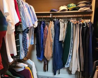Lots of Men's Clothes, Hats, and Shoes. Medium to Large Shirts. Many Vintage Pieces, i.e., like MC Hammer, and other fun stuff! 